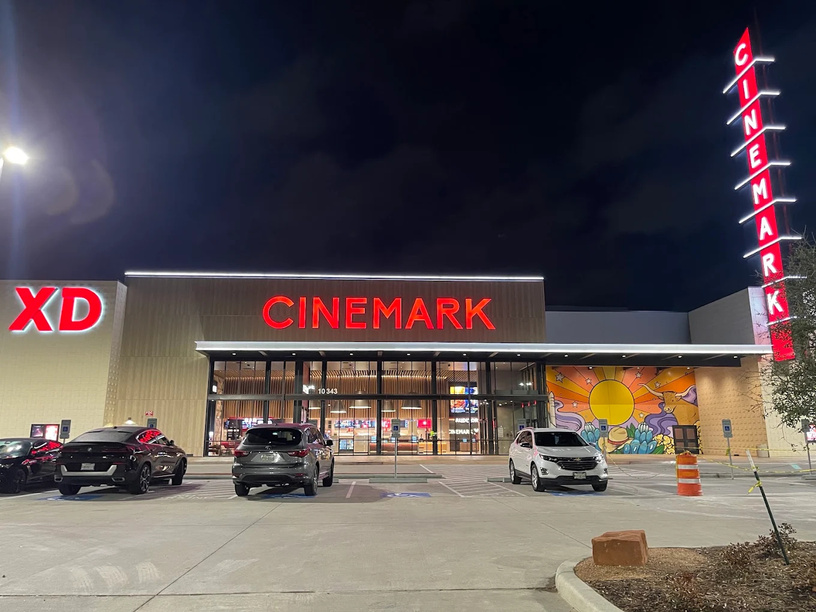 Cinemark theater exterior facade, completed commercial build-out